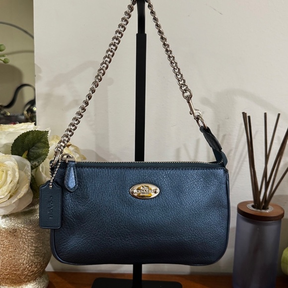 Coach Handbags - Coach F53340 Pebbled Leather Metallic Blue Large Wristlet/Convertible Mini Bag